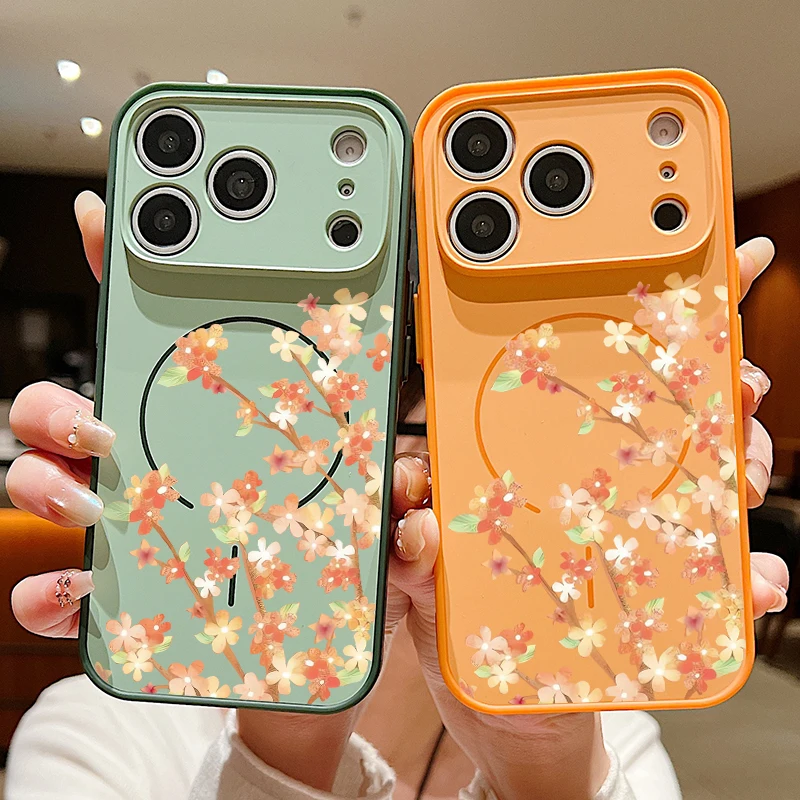 Magnetic Orange Floral Phone Case with Lens Protection & Wireless Charging Compatibility