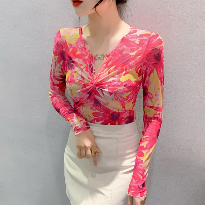 

#8530 винтажная Сетчатая футболка с цветочным принтом, Женская облегающая короткая футболка с V-образным вырезом, Женская пикантная футболка с длинным рукавом, тонкая эластичная футболка