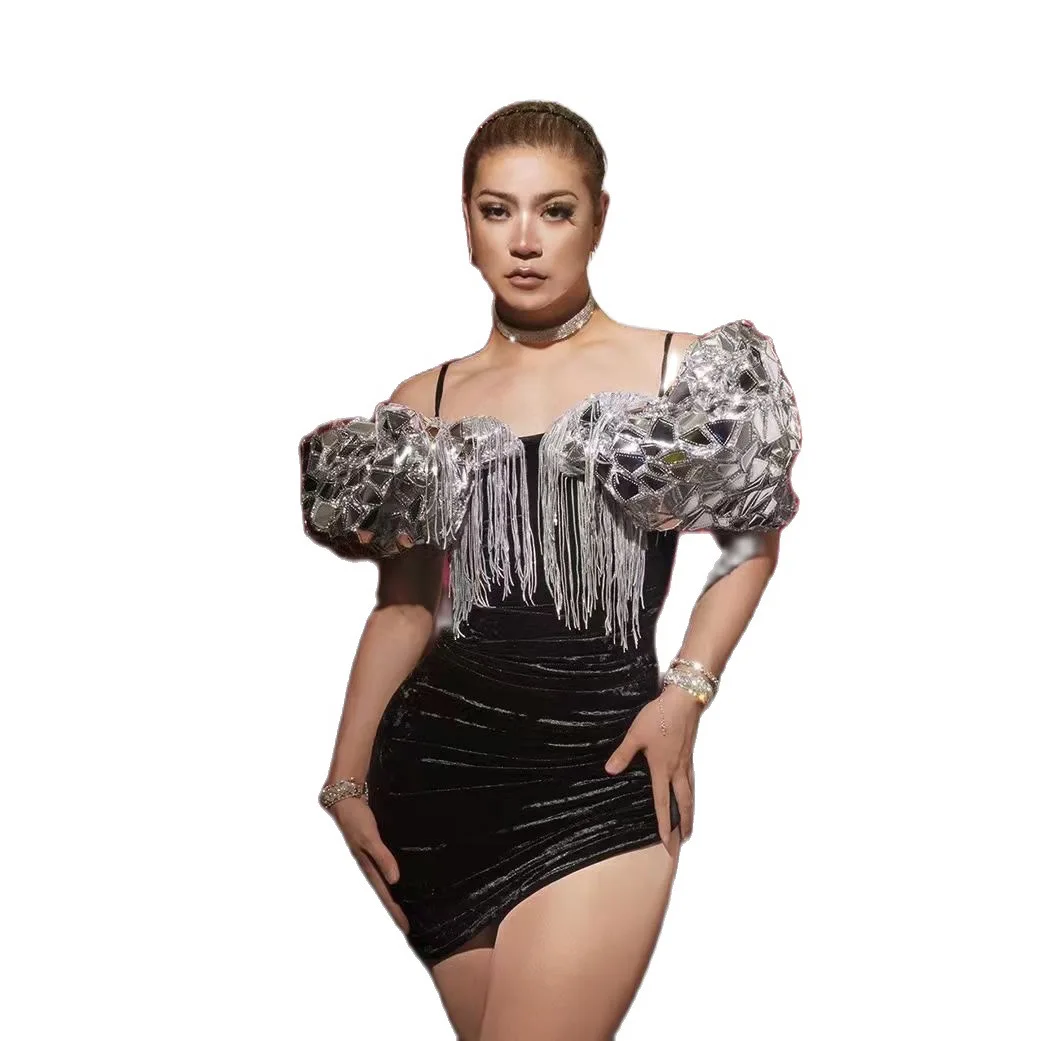 

Spaghetti Strap Shining Tassel Mirror Sequins Sleeves Sexy Black Swan Velvet Dress For Women Nightclub Party Cloth Singer Wear