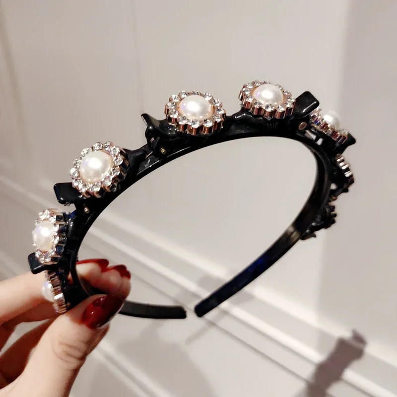 더블 레이어 밴드 클립 머리띠, 플라스틱 땋은 머리띠, 펑크 뜨게, 여성용 머리띠, 헤어 액세서리, 진주 패션