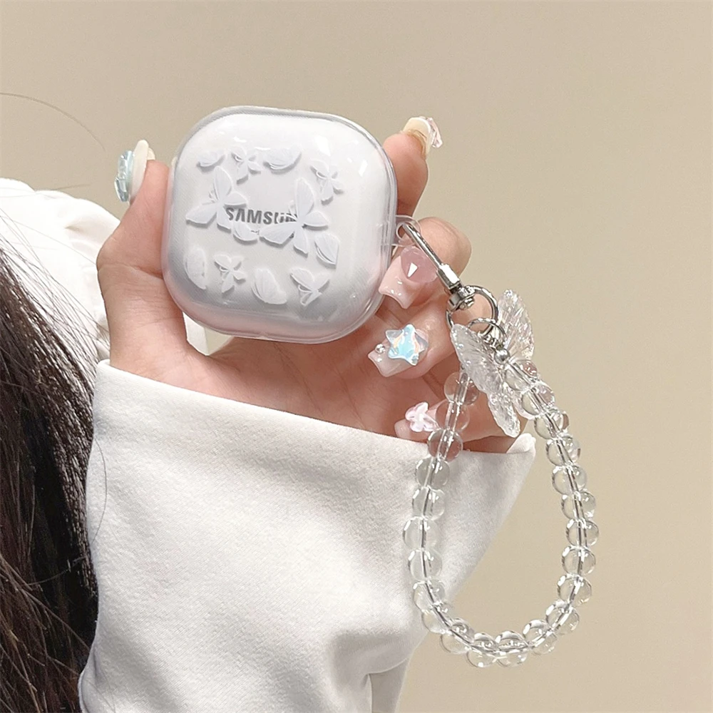 Cute White Butterfly Clear Y2K Cuffie Custodia Morbida Per Samsung Galaxy Buds Live Con Cover Pendente Con Perline Per Samsung Buds 2 Pro