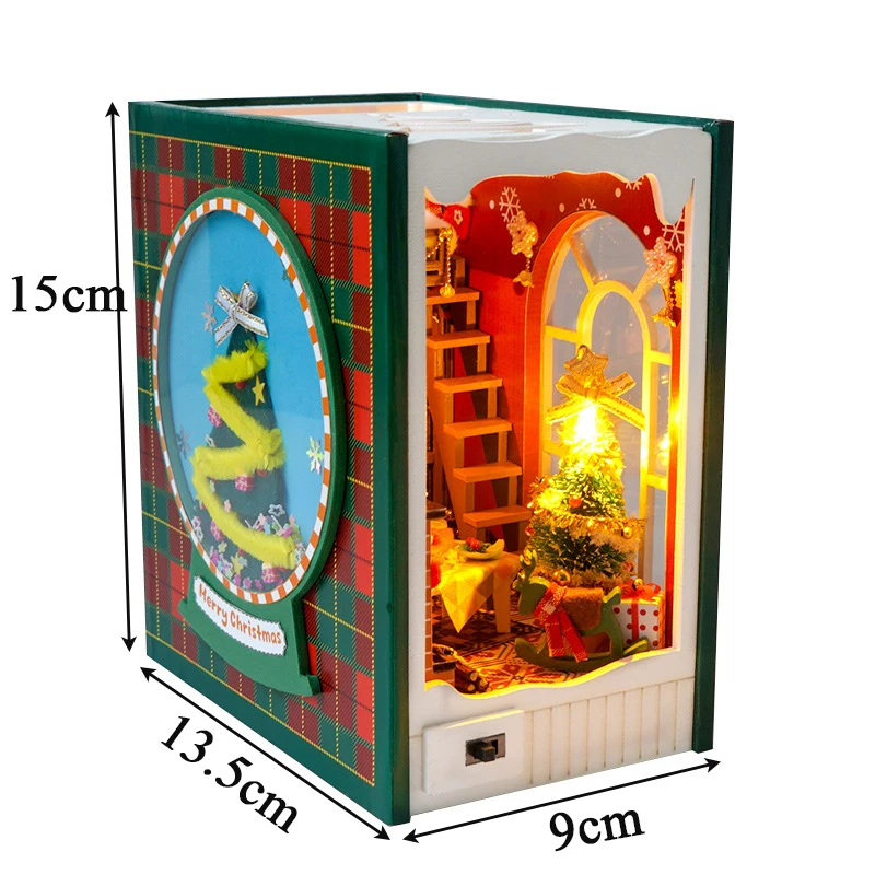 NEW DIY Christmas Diary Book Nook Wooden Miniature Model Kit Handmade Casa Bookend With Light Bookshelf Home Decor Friends Gifts 6