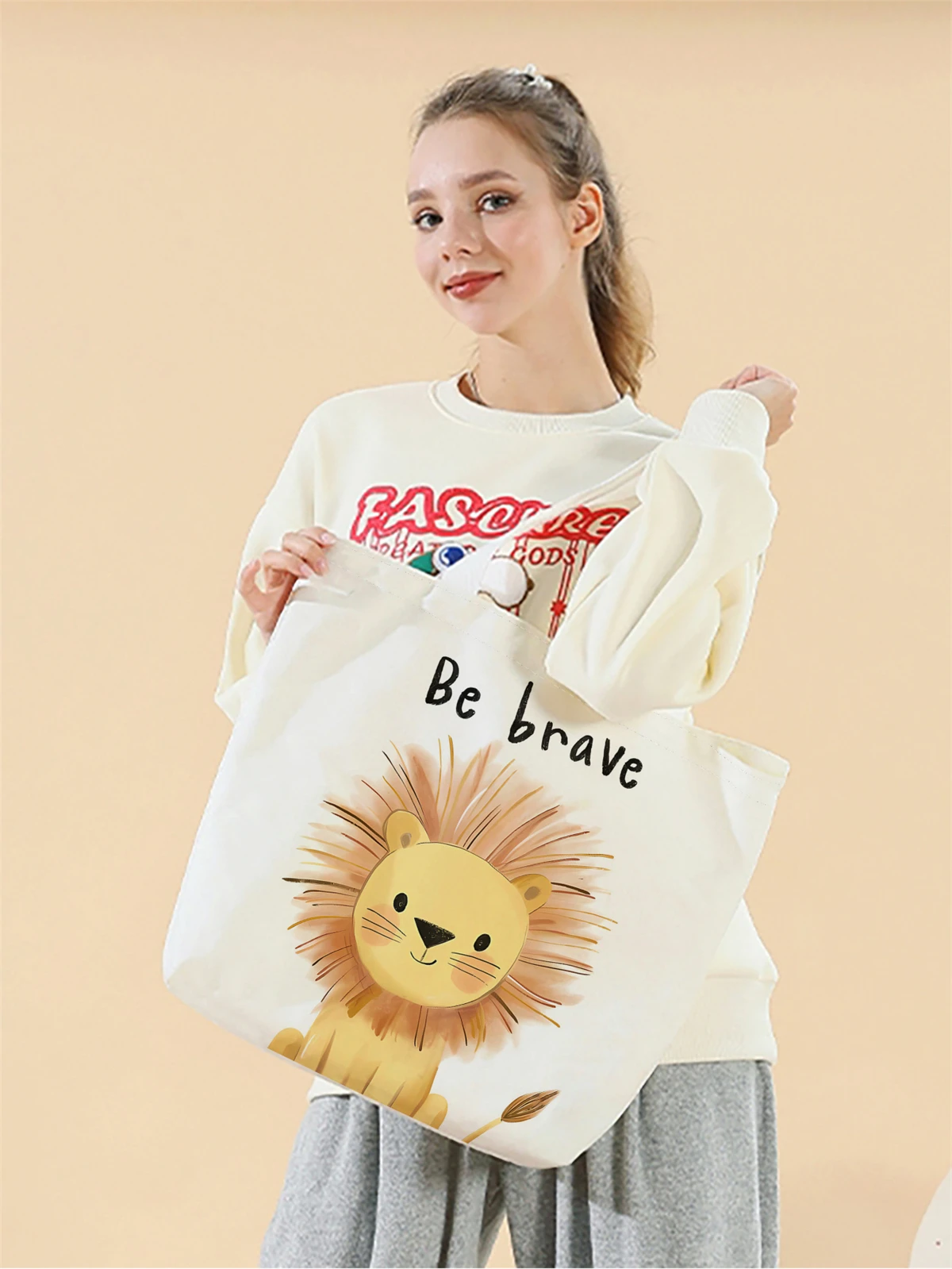 1pc,cartoon lion handbag, reusable fashionable handbag, multifunctional handbag, printed canvas shopping bag