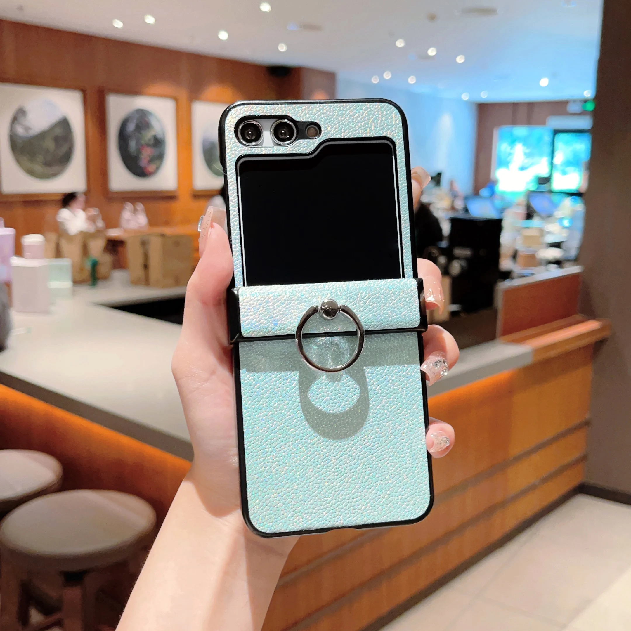 Funda De Teléfono Con Anillo De Cuero De Grano Litchi Para Samsung Galaxy Z Flip 5 4 Flip5 Flip4 Flip3 5G, Soporte A Prueba De Golpes, Cubierta De Pre
