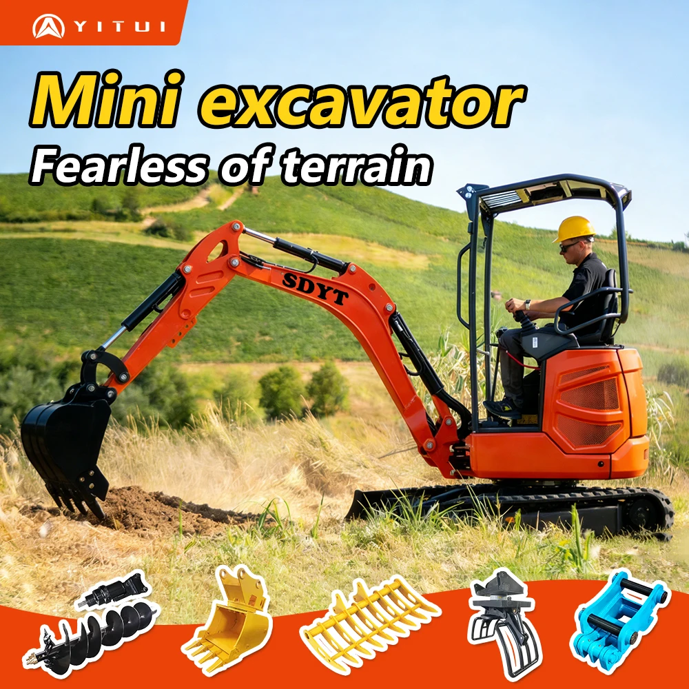 YITUI Mini Excavator Digger, Customized Kubota Engine, Hydraulic Agricultural Machinery, Multiple Accessories, Wooden Box Packaging