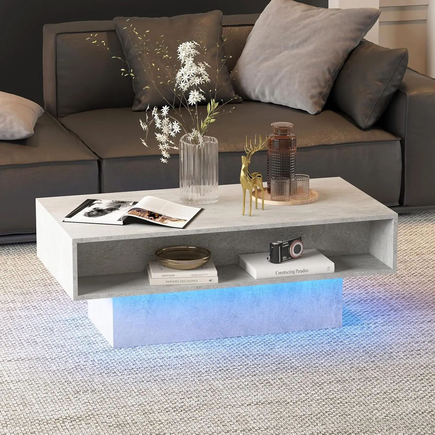 LED Coffee Table with Storage, Rectangular Center Table for Living Room, Modern High Glossy Farmhouse Coffee Table with16 Colors 4