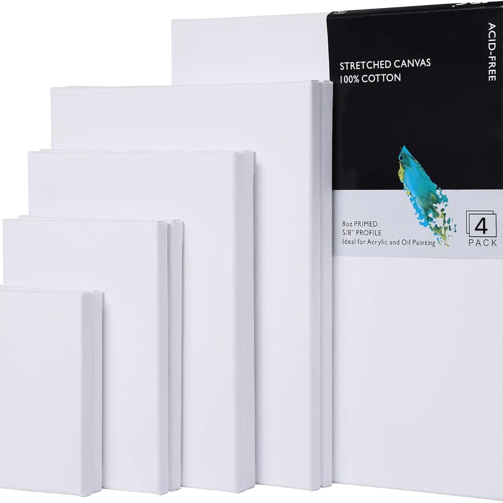 Stretched White Blank Canvas 4pcs Set Primer 100% Cotton Economical Value Package Suitable for Acrylic and Oil Painting