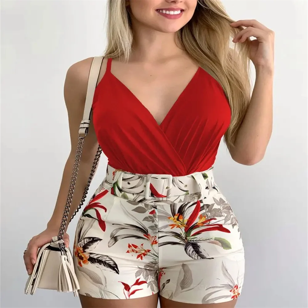 2025 Summer Sexy Beach Women Fashion Patchwork Contrast Color Elegant Sets Flowers Camisole With Belt Two-piece Shorts Suit