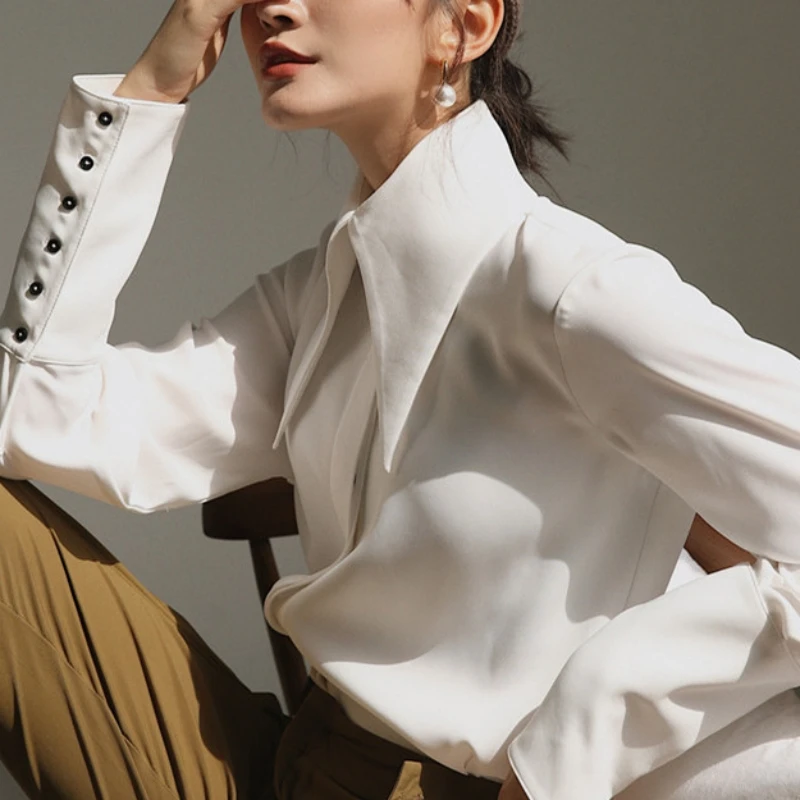 White Satin Long Sleeve Blouse for Women