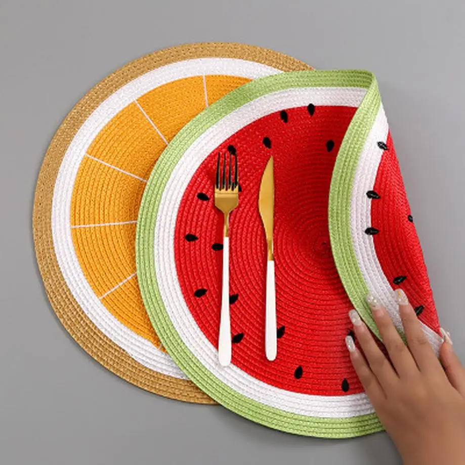 1 Pcs Watermelon Lemon Drink Coasters Woven Round Placemat Cartoon Fruit Dining Table Plate Mat Kitchen Accessories Home Decor