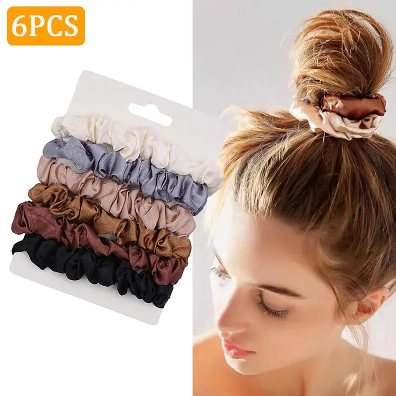 

6Pcs/Set Silk Satin Hair Rope Women Solid Color Scrunchies Elastics No Hurt Hair Ponytail Holder Thick Hair Ties Soft Hairband