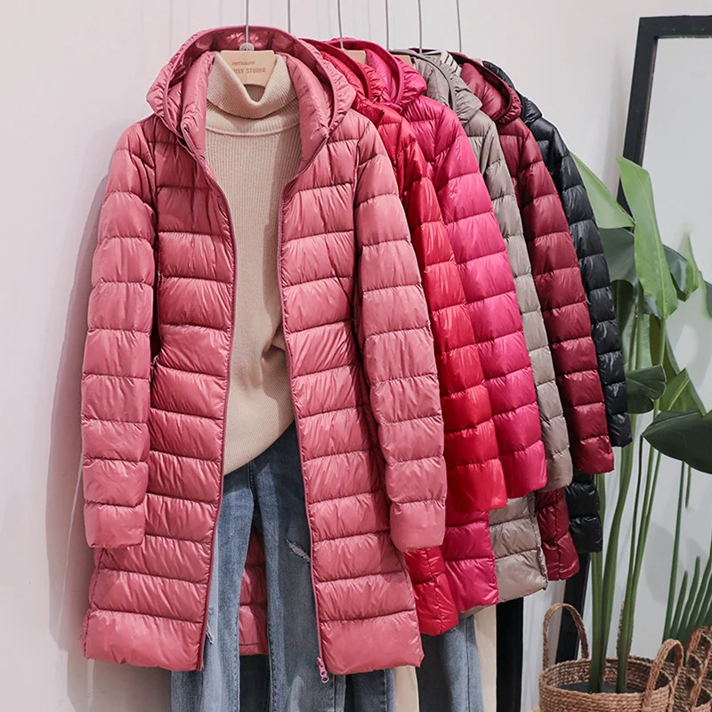 New 2023 Winter Women Down Jackets Long White Duck Down Ultra Light Thin Casual Puffer Slim Removable Hooded Coat Female women 90% white duck down jacket autumn female ultra light down jackets slim solid coat long sleeve hooded parkas candy color