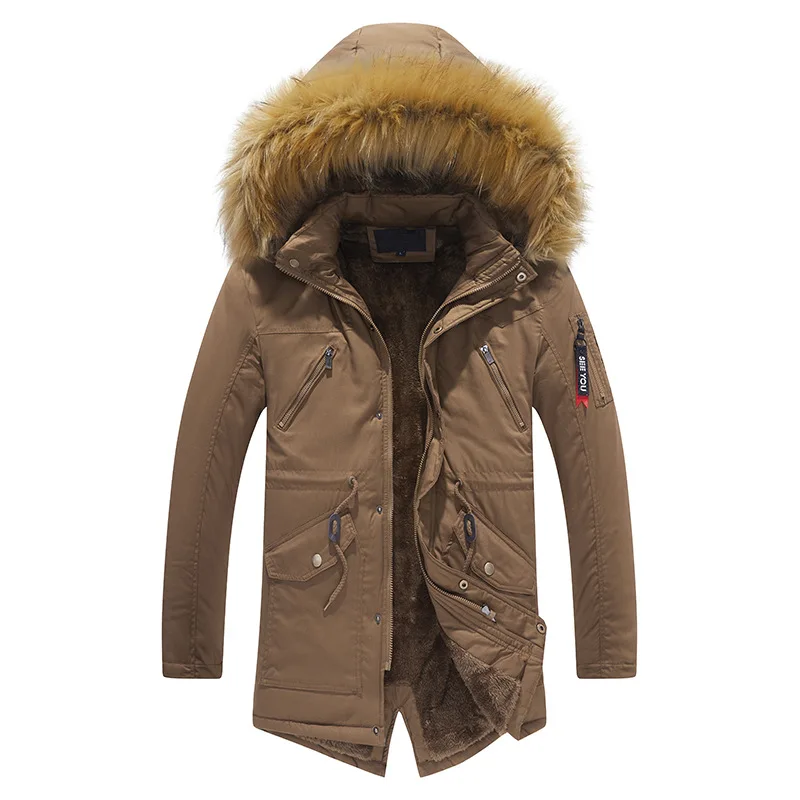 

Мужская Повседневная Длинная парка со съемным меховым капюшоном, зимнее уличное пальто-карго, Толстая теплая куртка с хлопковой подкладкой, верхняя одежда