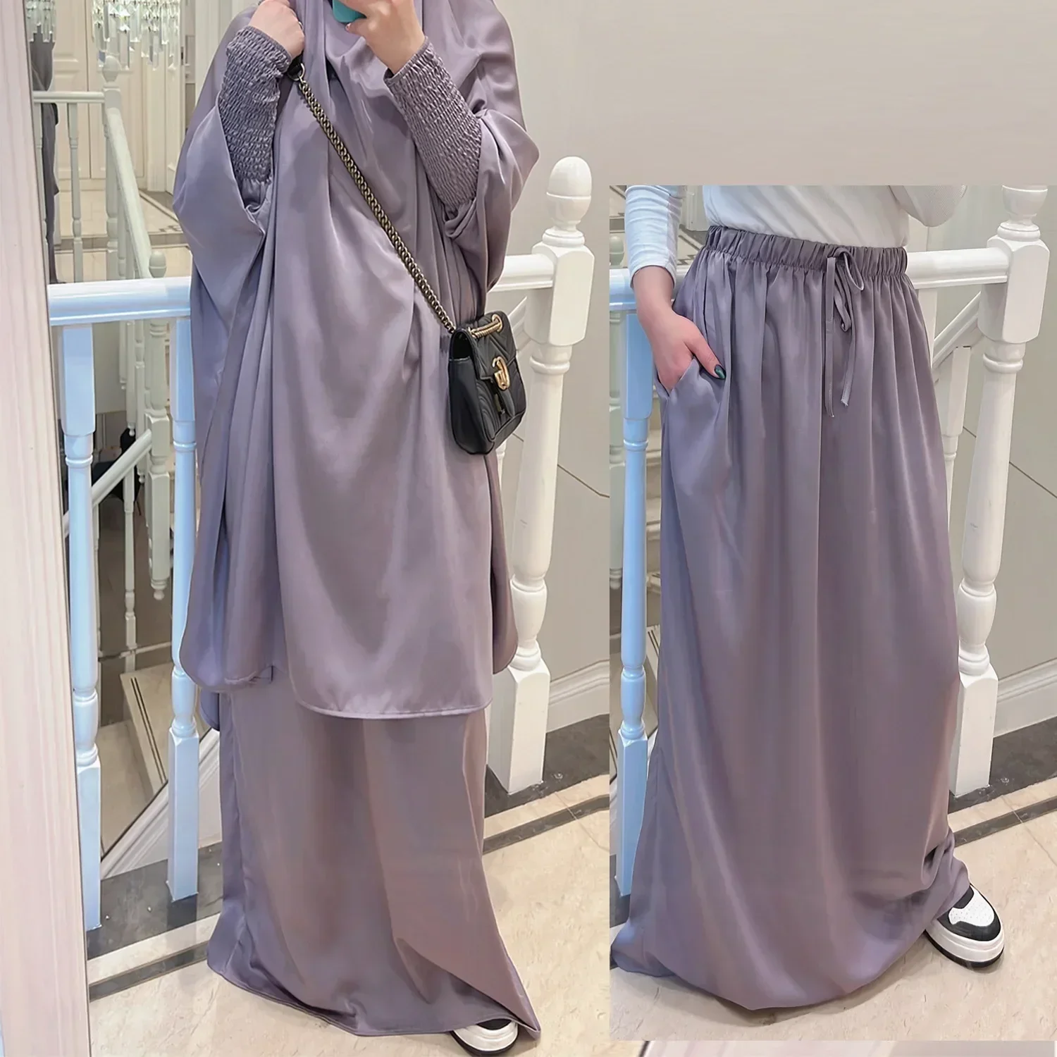 Ramadan Eid Jilbab 2 Piece Set Muslim Women Prayer Garment Abaya Long Khimar Hijab Dress Niqab Islam Dubai Outfit Djellaba Burka
