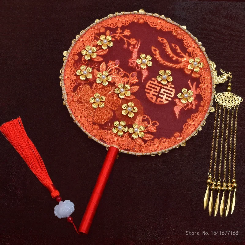 Wedding Bridal Group Fan, Handmade Chinese Hand Bouquets, Ancient Style Happy Fan, Finished Big Decorative Fan, Wedding Gift 1Pc