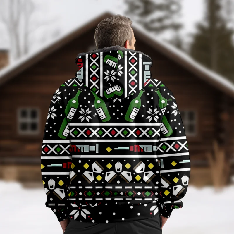 Christmas Creative Cotton Coat Hooded Sweater Casual Print Men's Fur Loop Arctic Velvet Zipper Patch Pocket Hooded Sweater a16