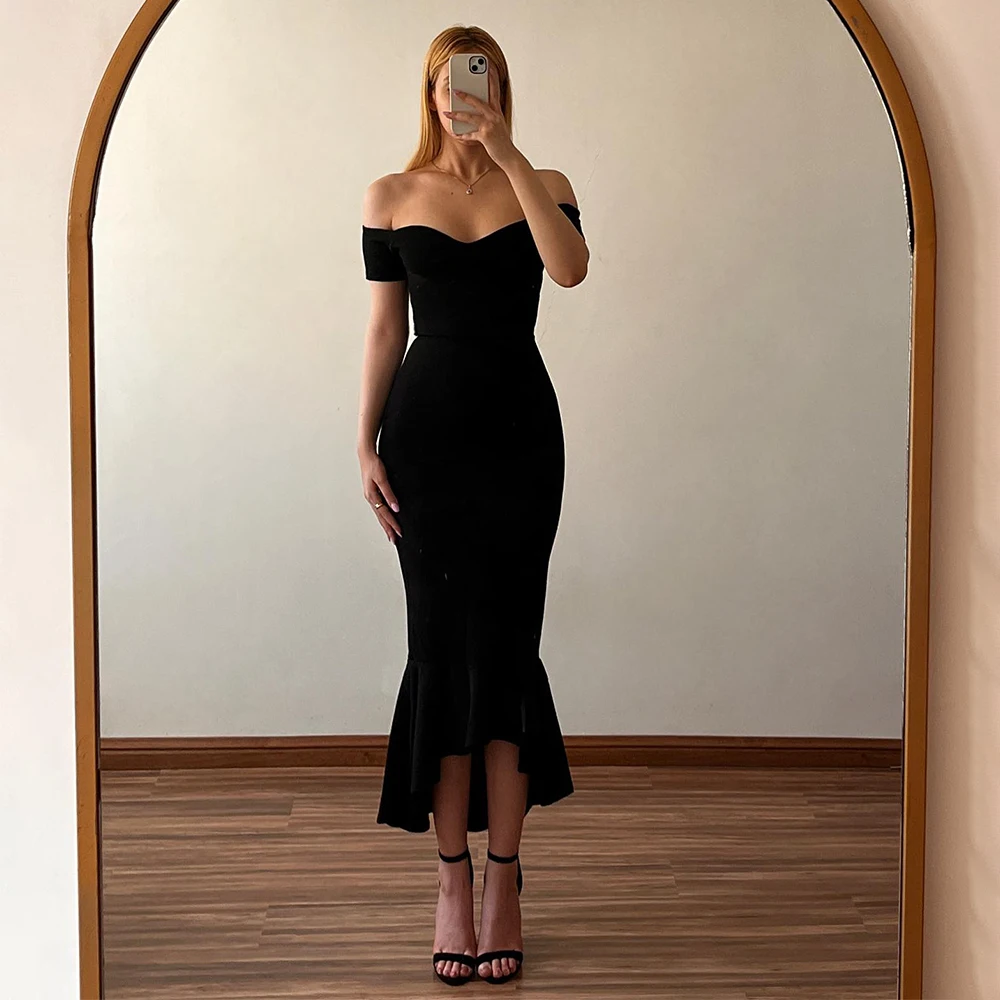 Black Velvet Cocktail Dresses for Women Off the Shoulder V Neck Mermaid Cocktail Gowns Midi Asymmetrical Evening Party Dress