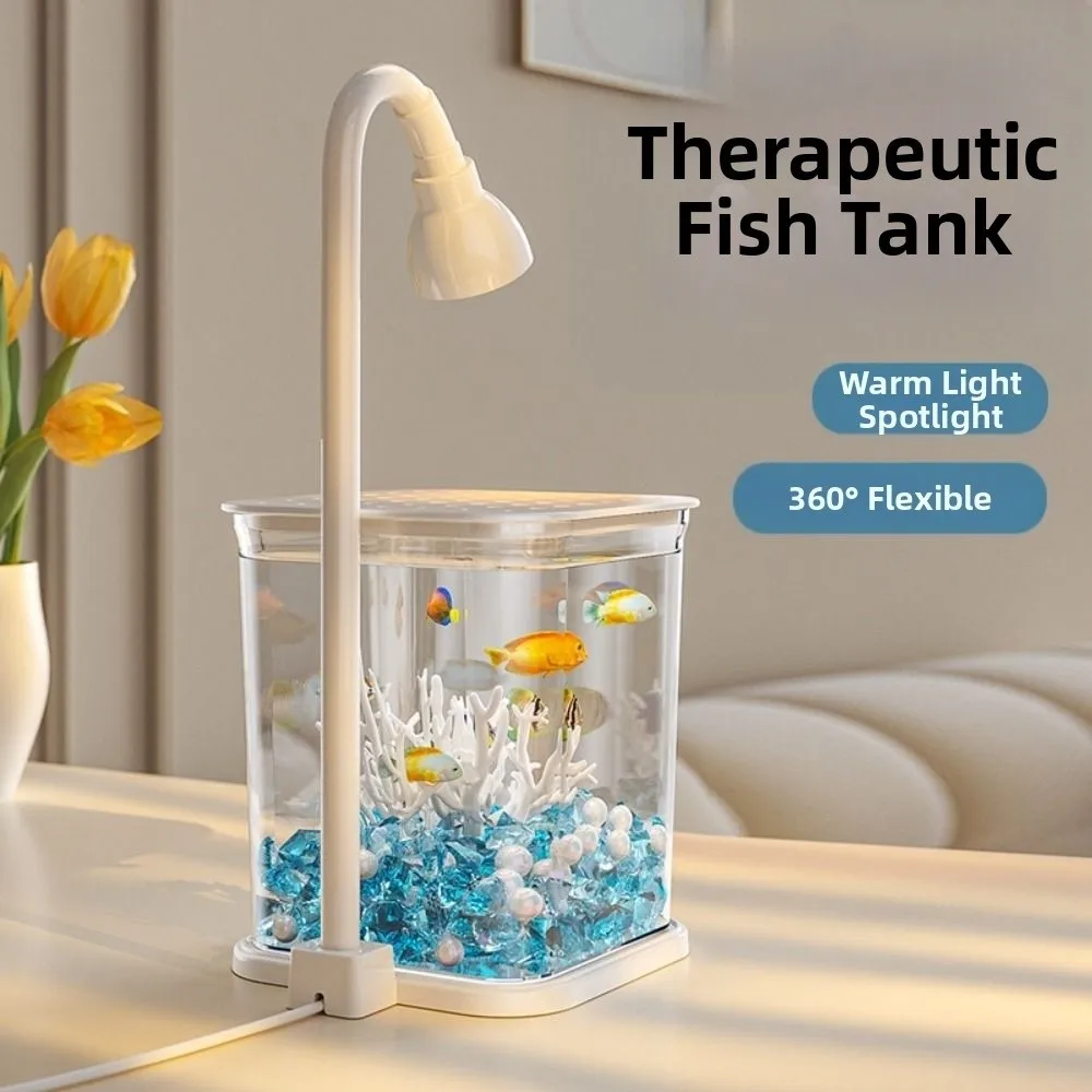 Creative Mini Desktop Fish Tank Breathable with LED Light Landscape Fish Tank Decorative Silent Operation Goldfish Tank Kids