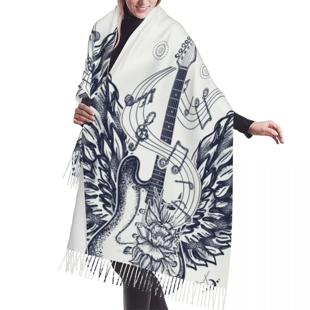 

Tassel Scarf Large 196*68cm Pashmina Winter Warm Shawl Wrap Bufanda Female Electric Guitar Wings Music Notes Cashmere Scarves