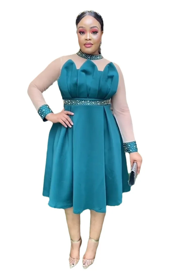 

2023 African Wedding Party Dress for Women Autumn African Long Sleeve O-neck Green Blue White Polyester Dress African Clothes