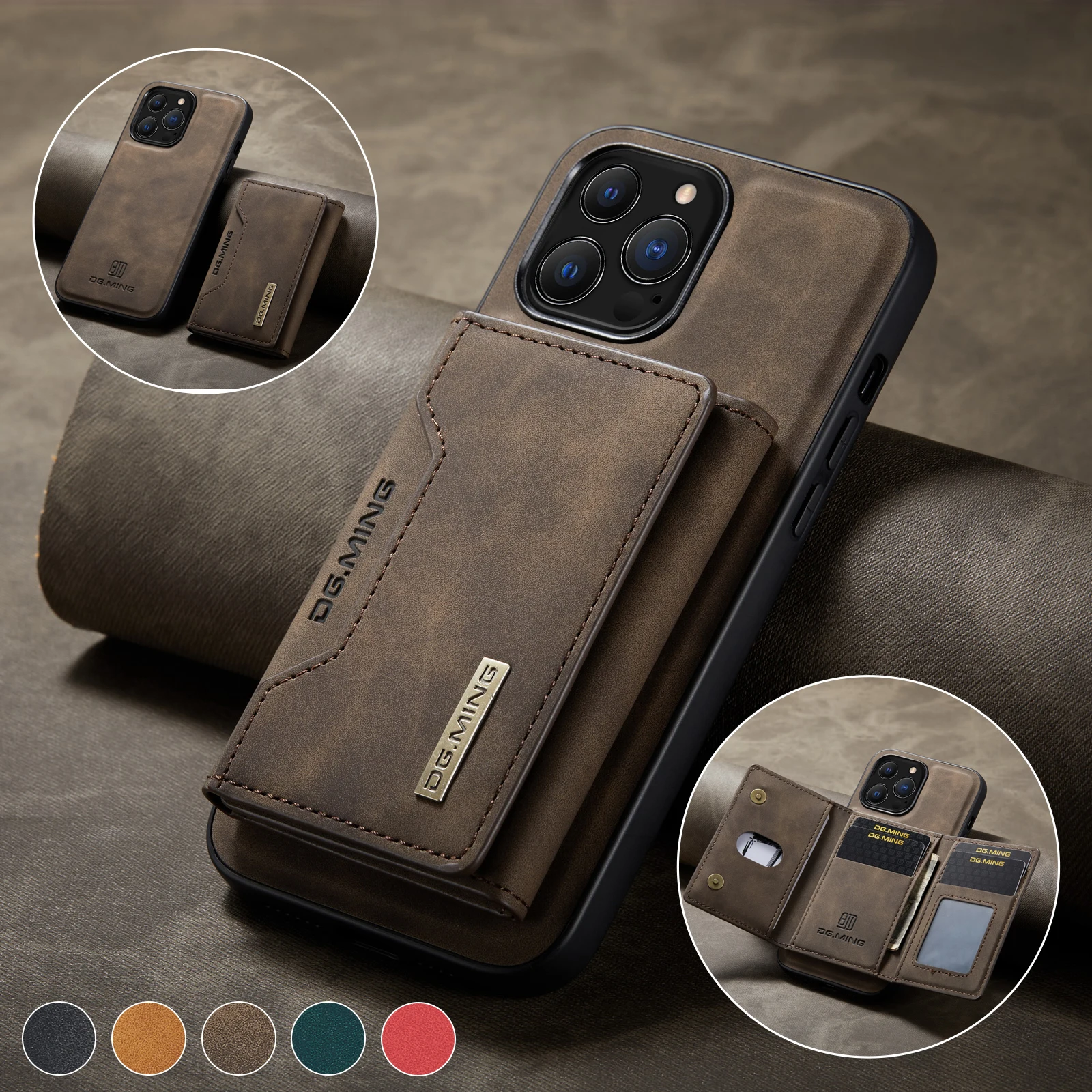 Capa Traseira de Bolso de Couro Destacável para Iphone Estojo de Carteira com Porta-cartão em 15 14 13 12 11 Pro Max Mini x xs Plus