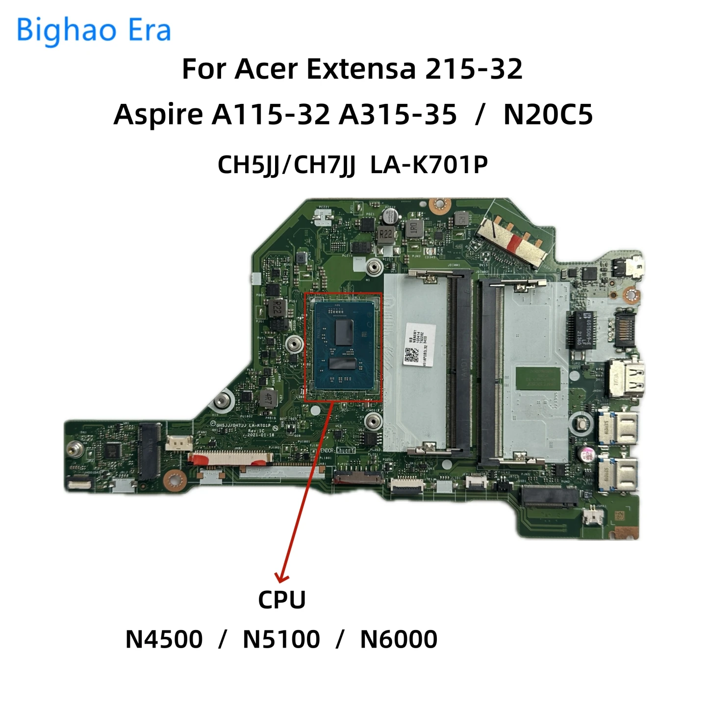 

LA-K701P For Acer N20C5 Extensa 215-32 Aspire A115-32 A315-35 Laptop Motherboard With N4500 N5100 N6000 CPU DDR4 NB.A6L1.002