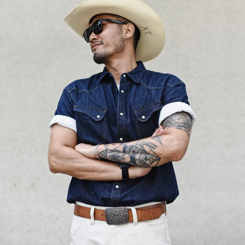 Mens Shirts Summer Short Sleeve Vintage Linen Indigo Denim Shirt Double Pockets Regular Fit
