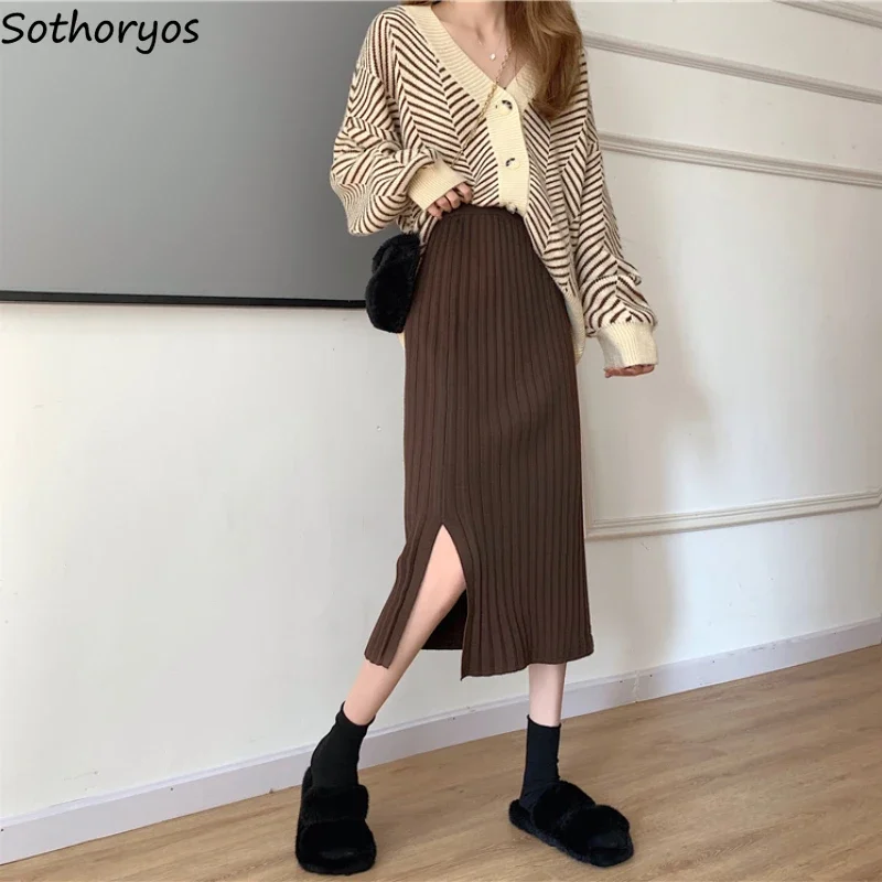 

Straight Long Knitting Skirts Women Warm Thick Empire Solid Elastic Waist Chic Tender Fall Winter Harajuku Office Ladies Casual