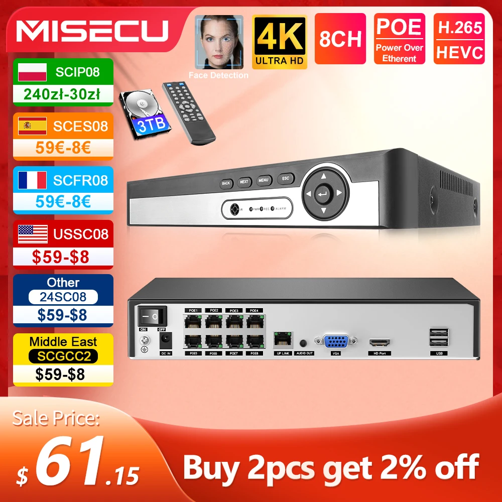 MISECU H.265 UHD 8CH 4K 5MP 8MP 1080P POE NVR Network Face Detect Two Way Audio Video Recorder For Security POE IP Camera ONVIF