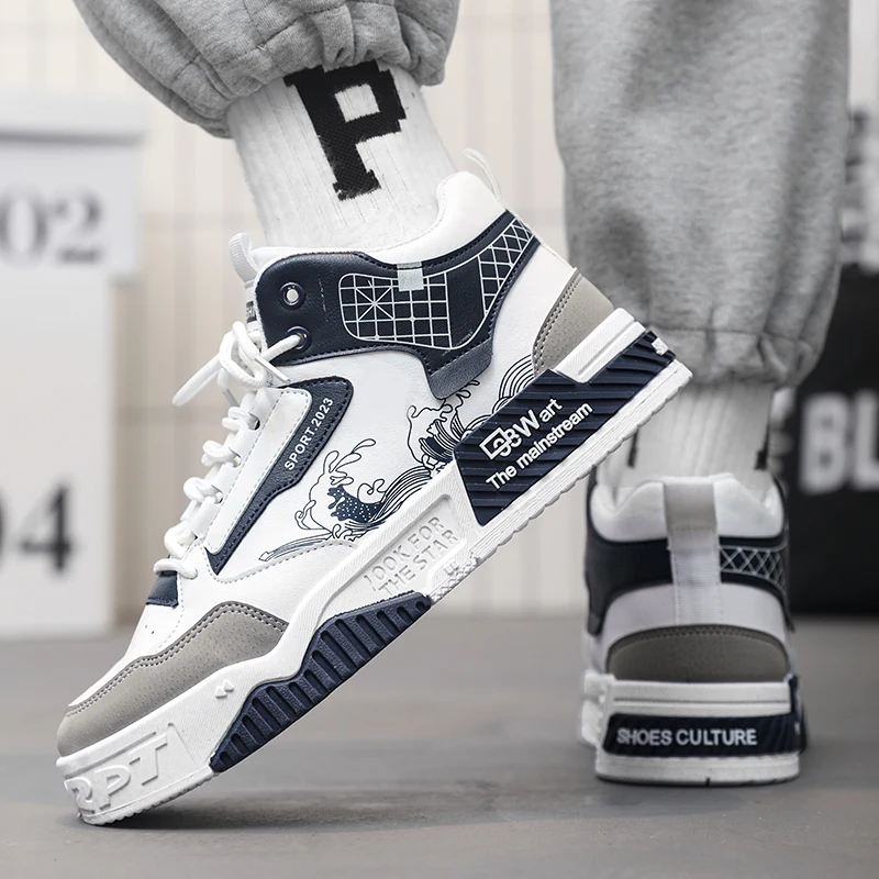Men's high top casual thick sole shoes breathable four season soft sole outdoor walking shoes flat shoes youth sports board shoe 4