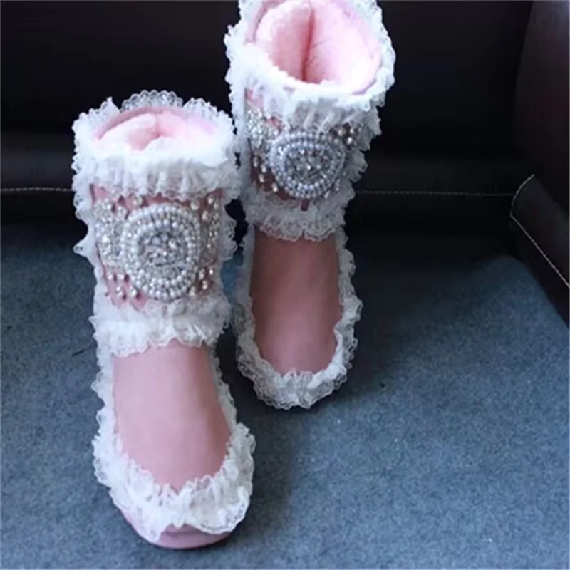 

Lace handcrafted pink winter boots with velvet warm boots Pearl rhinodrill fur one-piece boots women's 35-40