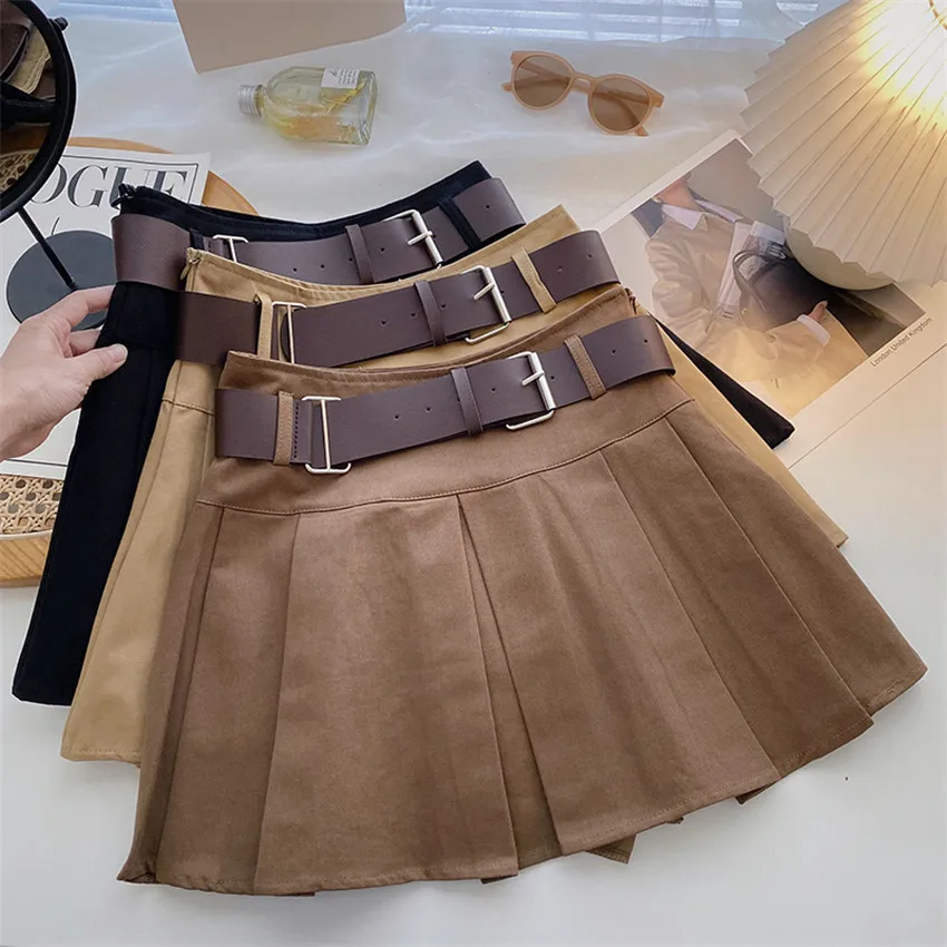 

Gowyimmes 2022 Spring Fashion Women High Waist Ruffles Shorts Skirt Girl Sashes Pleated Skirt Kawaii Skirts Harajuku Mini PD1212