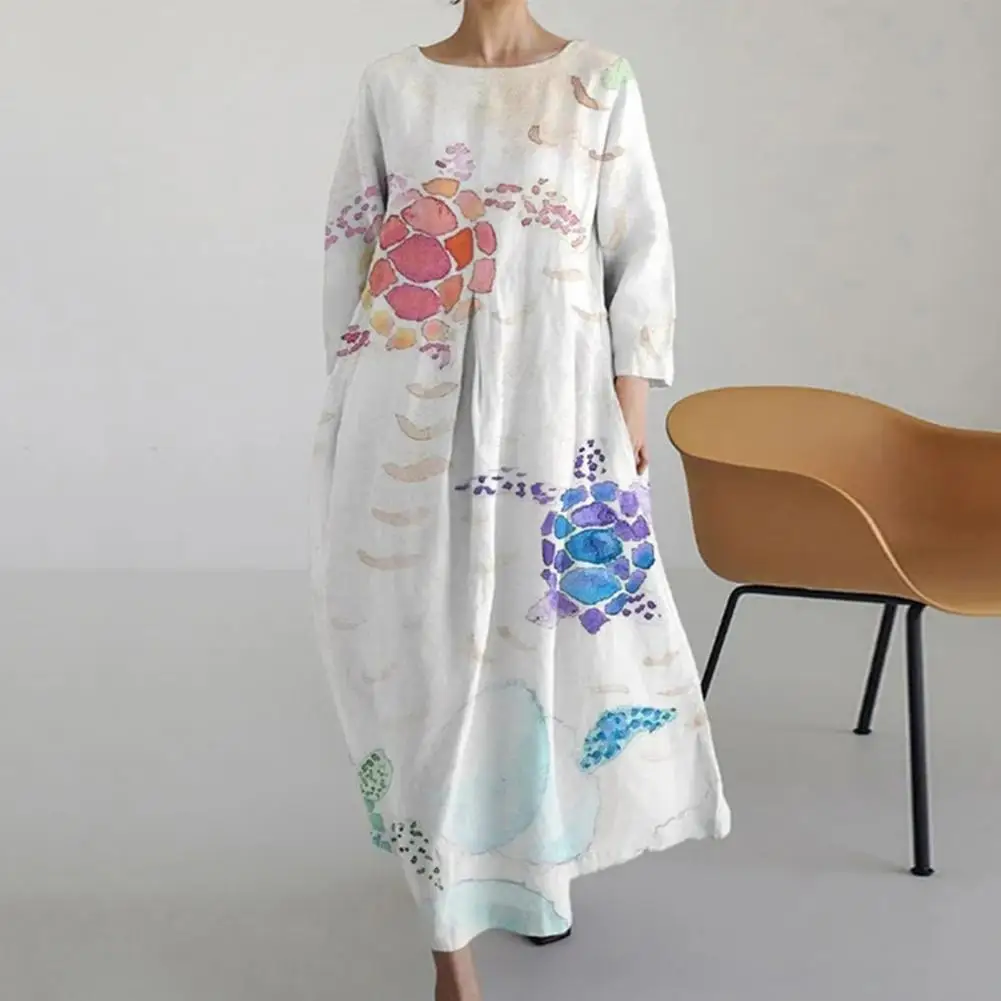 

Women Loose Fit Dress Colorful Printed Maxi Dress With Three Quarter Sleeves Side Pockets For Women A-line Silhouette Vacation