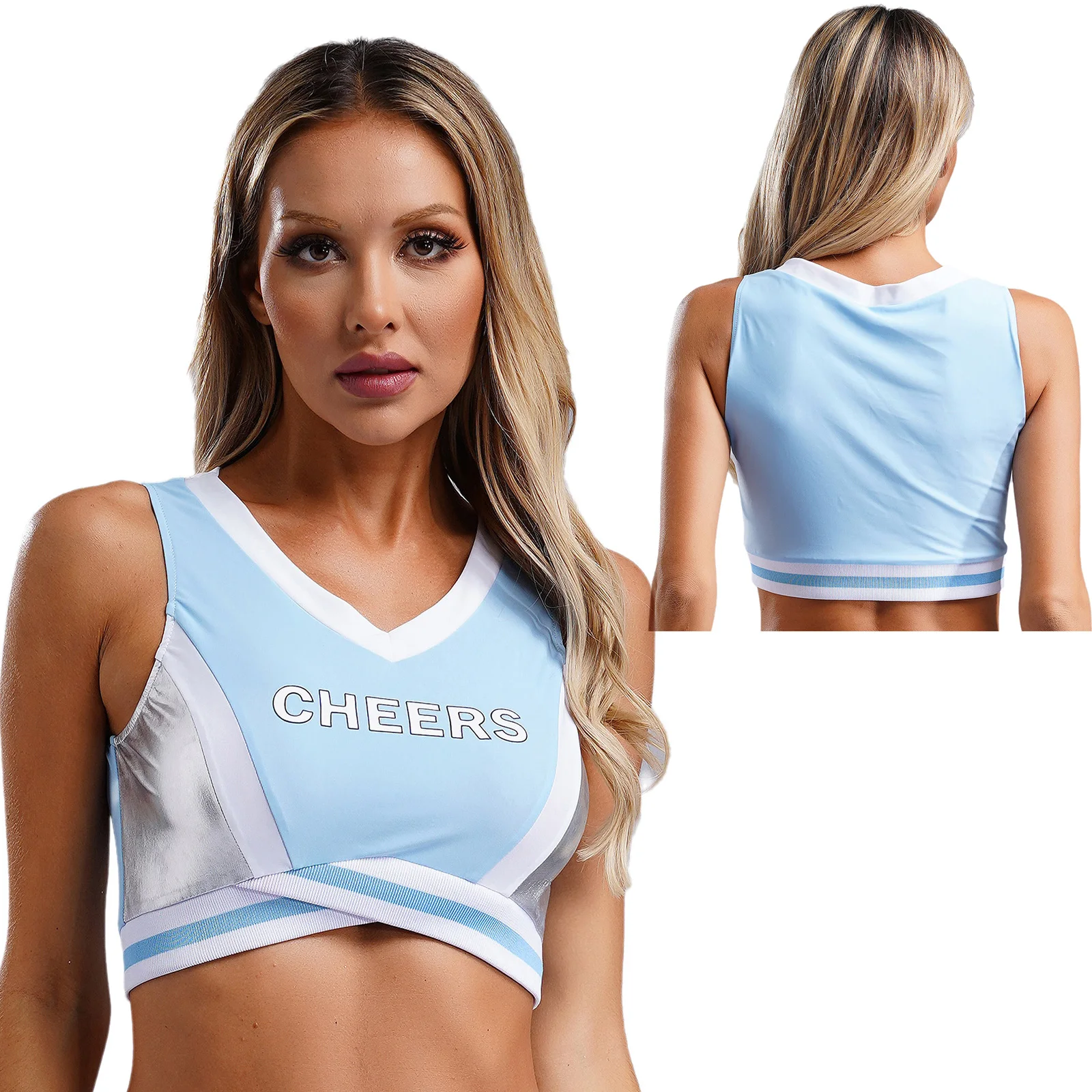 thumbnail image 1 of Top corto con cuello en V en forma de V para mujer, trajes de Cosplay de Halloween para carreras de coches, uniforme de porristas enérgico, camiseta sin mangas con contraste, 1 of 5
