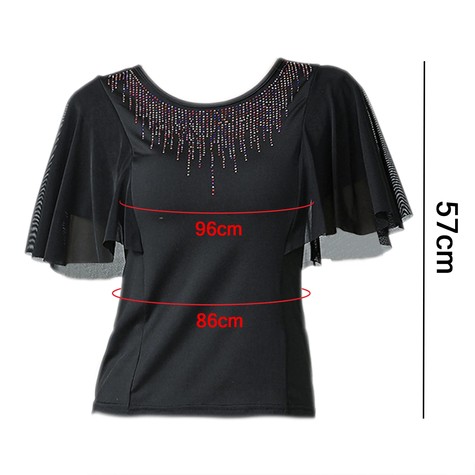 Women Ballroom Dance Tops  Sleeves Colorful Rhinestones Neckline Modern Blouses Performance Wear for Cha Cha Rumba Tango