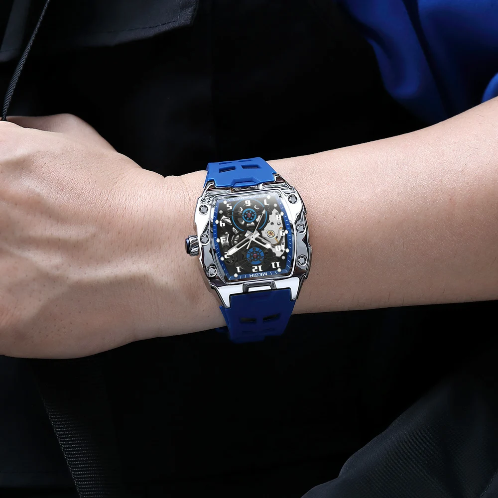 MEGIR Blue Automatic Mechanical Watch for Men Fashion Casual Sport Waterproof Wristwatch Male with Silicone Strap Tonneau Dial - 6