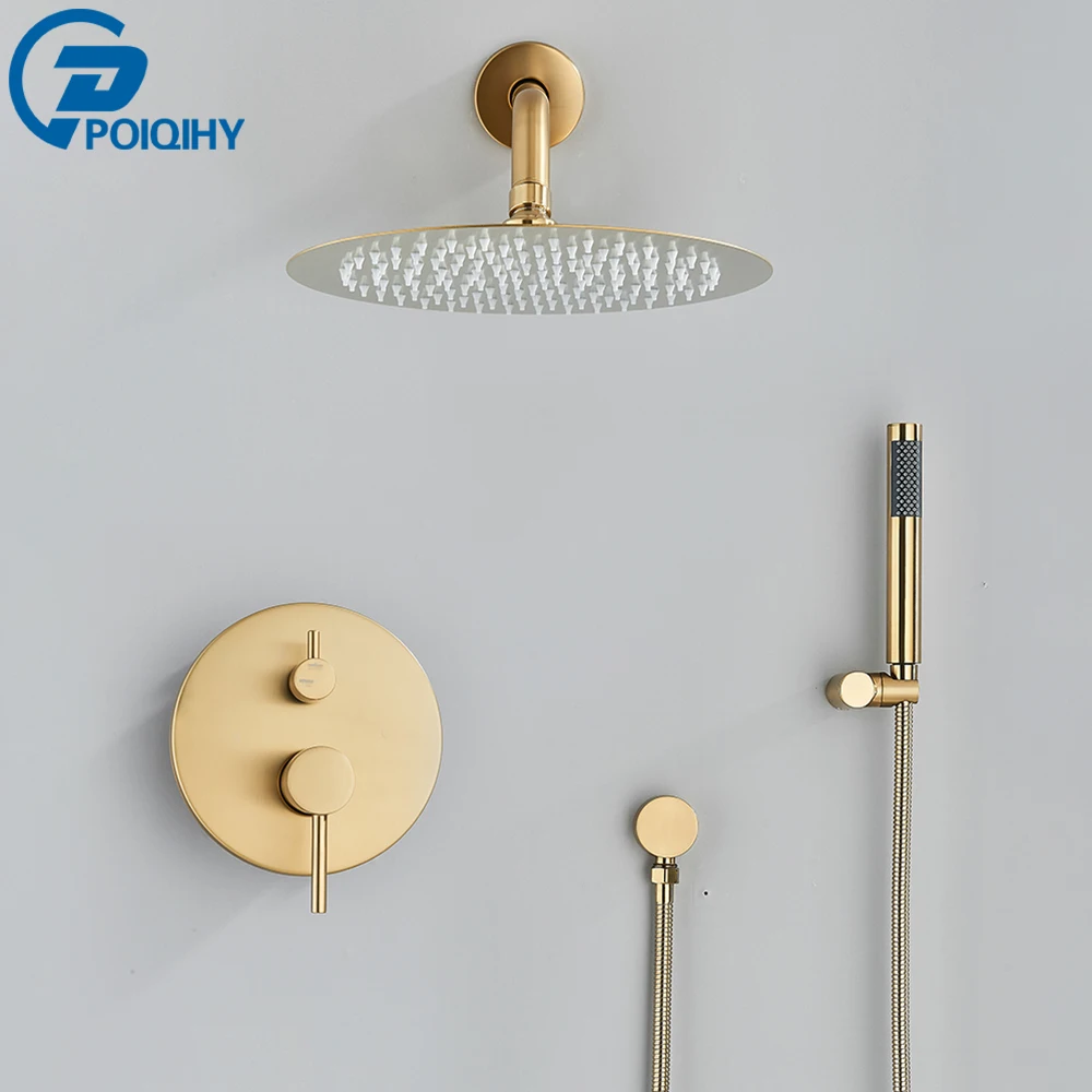 Brushed Gold Concealed Shower Faucet Rainfall Shower Tap Mixers 8" Stainless Steel Head Brass Embedded Mixers