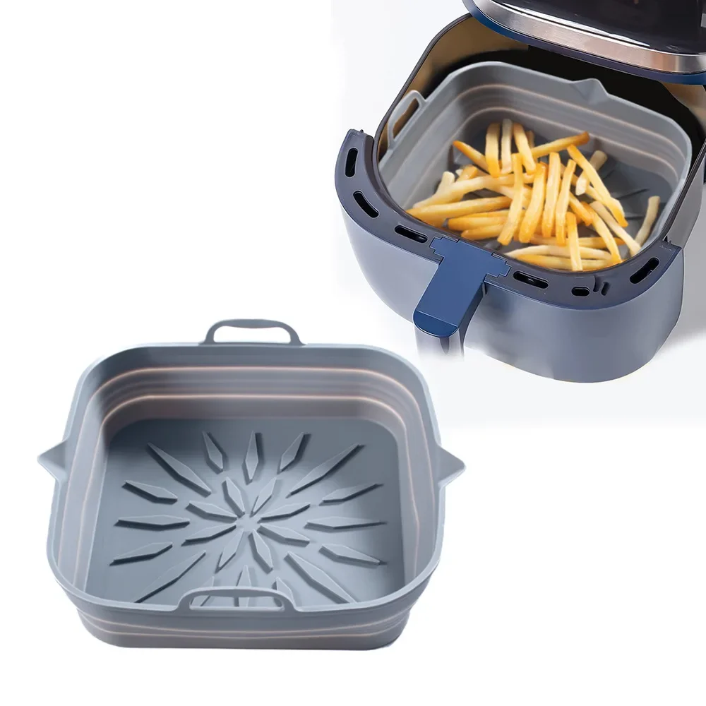1pcs Foldable Air Fryer Silicone Liners Baking Pan Reusable Square Fried Chicken Fries Airfryer Tray Pot Grill Mat Easy To Clean