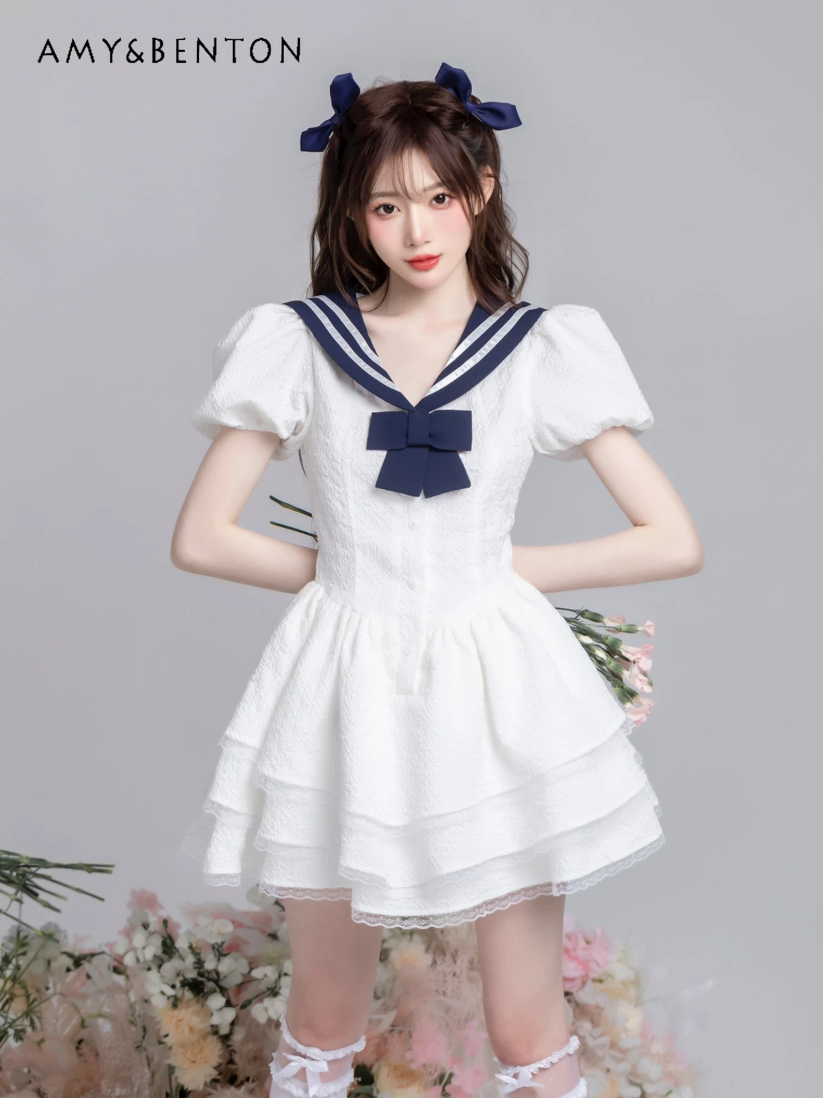 

Preppy Style Sweet Elegance Sailor Collar Puff Sleeve Slim Mini Dress Cute Bow Ball Gown Dress for Women Kawaii Y2K White Dress