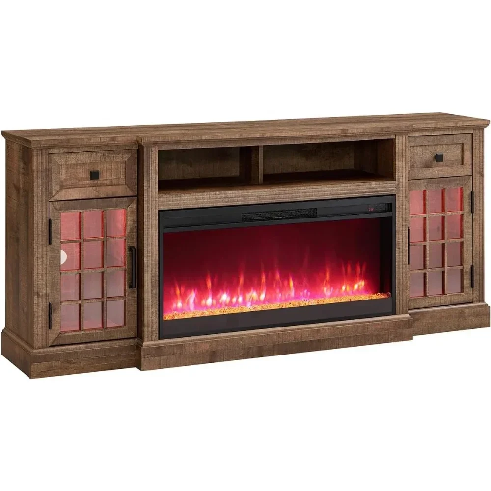 Fireplace TV Stand for 80 Inch TV, Farmhouse Entertainment Center w/LED Lights & 36" Electric Fireplace, Large Media Console 6