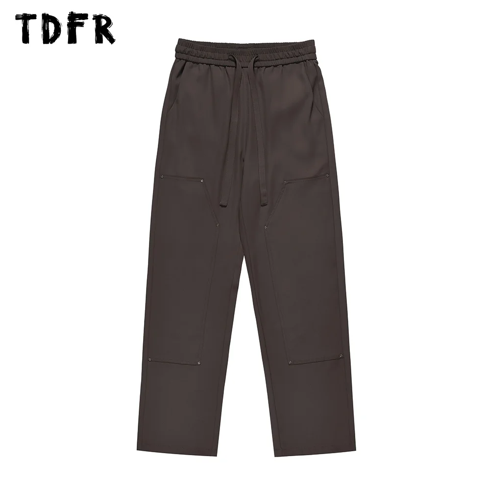 

Patch Pocket Solid Color Casual Pants Mens Simple Loose Wide leg Elastic Waist Trousers Men