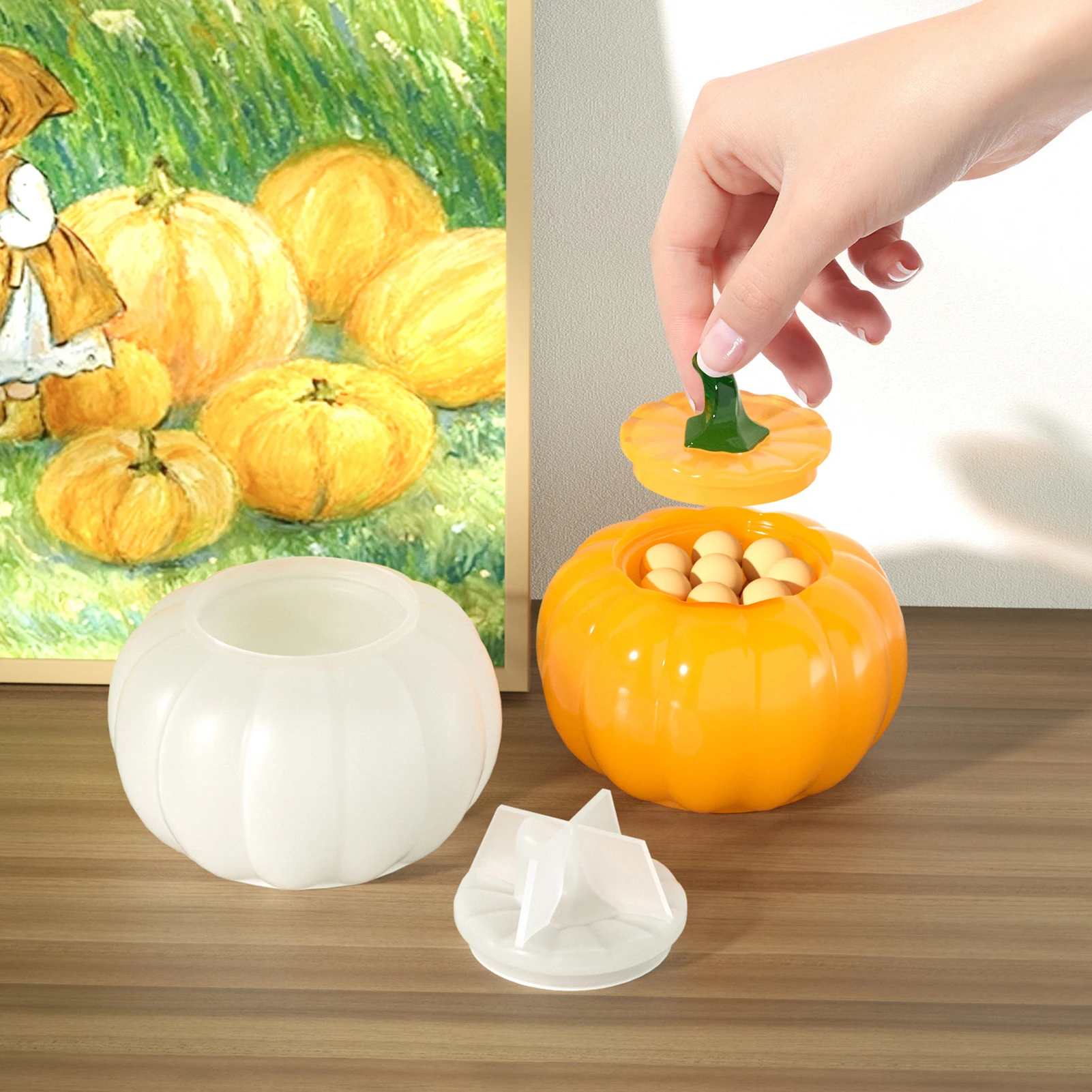 

2Pcs Halloween Pumpkin Moulds, Jar with Lid, 3D Candle Silicone Mold, Resine Simulation Jwelry Storage Box, Home Decoration
