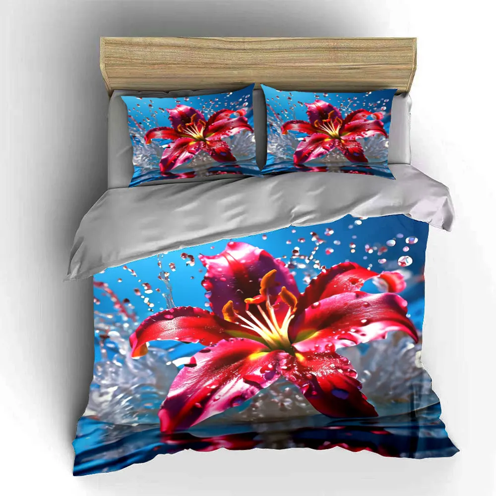 Luxury Red Lily Flower Bedding Set 3PCS Soft Polyester Duvet Cover Set with Water Splash Print Pillowcases for Home Decor 5
