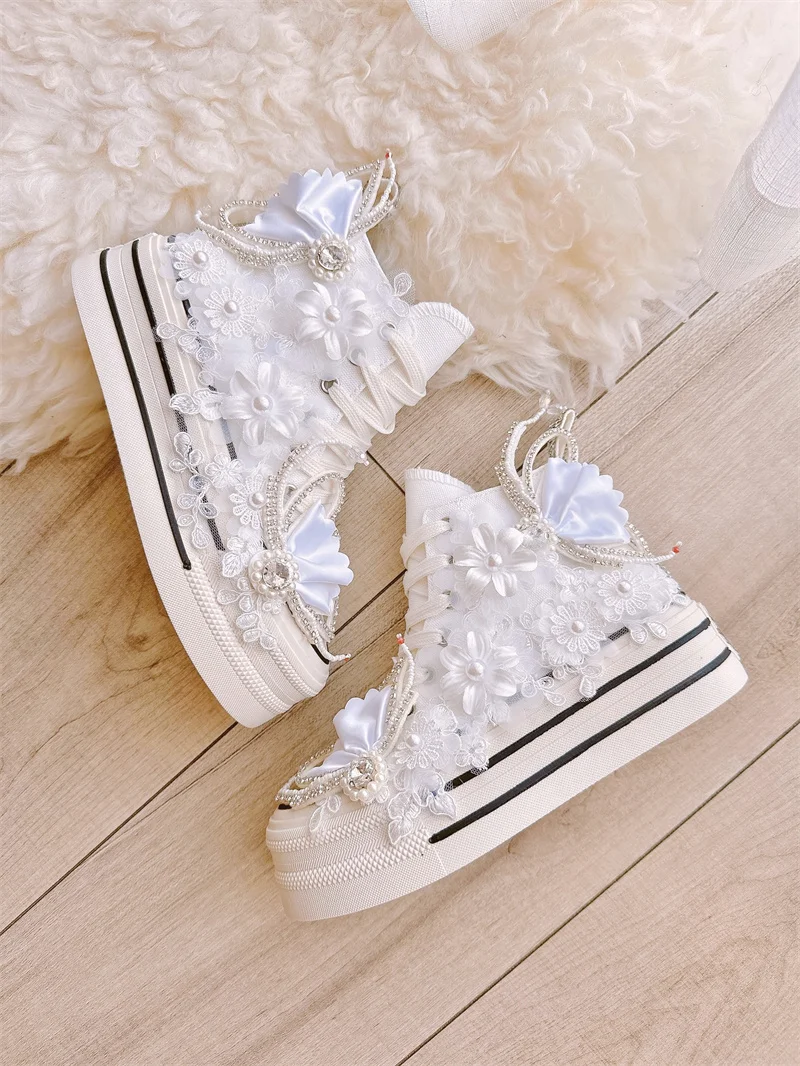 

Thick Soled Lace Up Canvas Shoes Women New Version Fairy Lace Crystal White Versatile Casual Height Increasing Sports Shoes