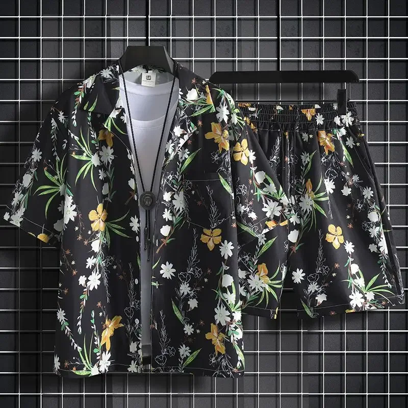 thumbnail image 1 of Conjuntos de camisas para hombre, conjuntos de playa blancos, conjunto de 2 piezas, conjunto coreano de dos camisetas, pantalones cortos, trajes para hombre, elegantes, 5xl, elásticos, sueltos, fresco, 1 of 5