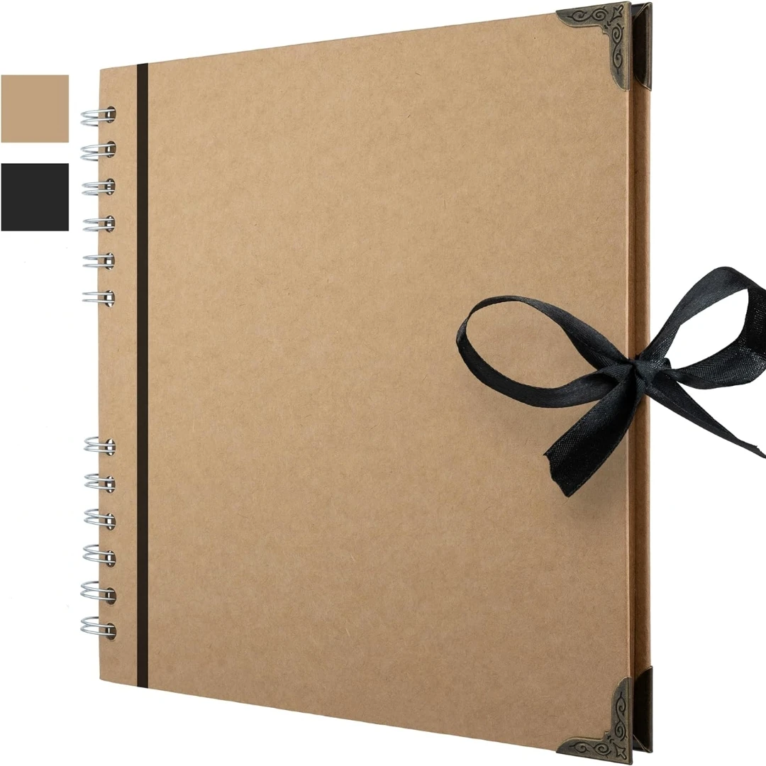 Scrapbook Album 60 Pages (8 x 8 inch) Black Thick 180gsm Kraft Paper, Corner Protectors - Scrap Book, Ribbon Closure