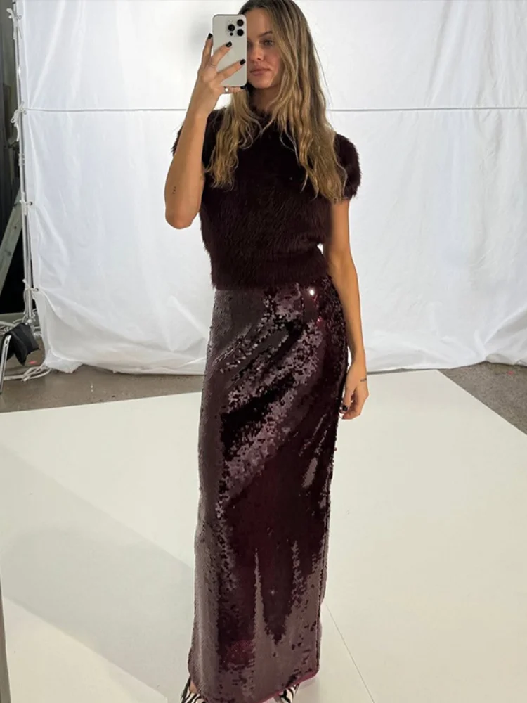 Women Sequins High Waist Midi Skirt Casual Loose Fit Solid Color High Street Style Wrap Skirts 2025 Summer New Date Party Wear 1