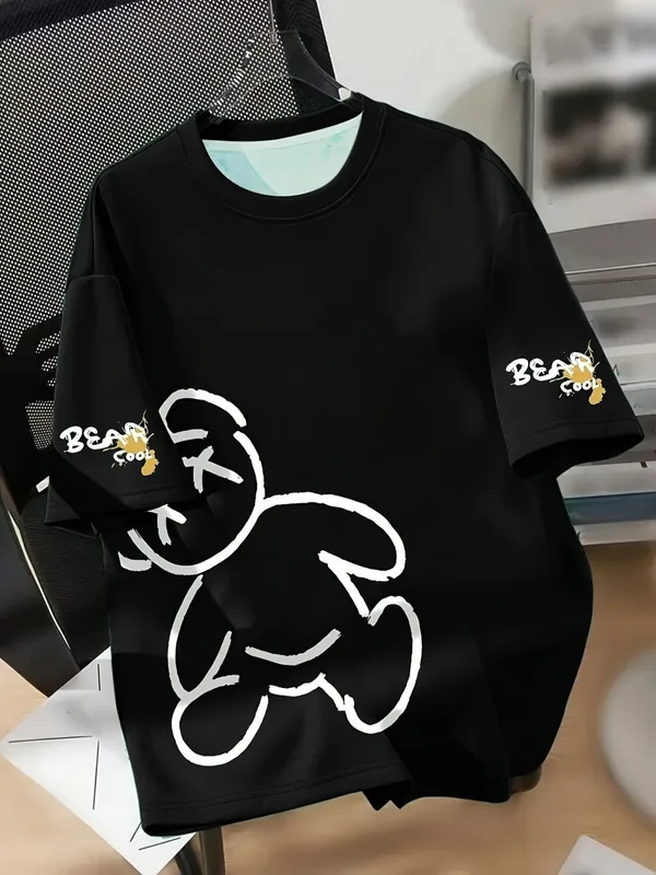 men' round neck breathable T-shirt with cartoon bear print pattern suitable...