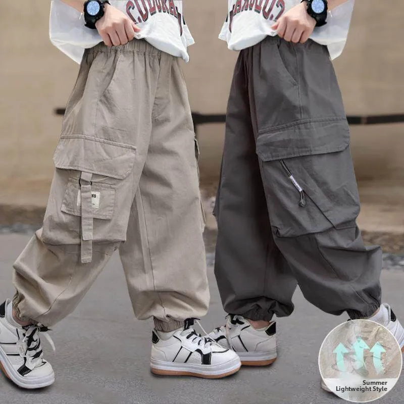 Boys Summer Thin New 2026 Big Boys Long Pants Cool Fashionable Street Children Workwear Pants Casual Print Elastic Waist Poly... - 2
