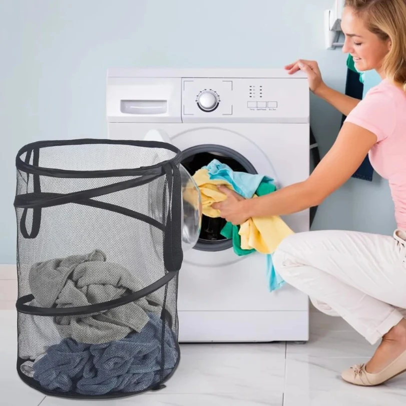 Folding Dirty Laundry Sorting Basket Large Mesh Yarn Storage Bag Frame Bucket Laundry Organizers Storage Pouch Storage Organizer 2